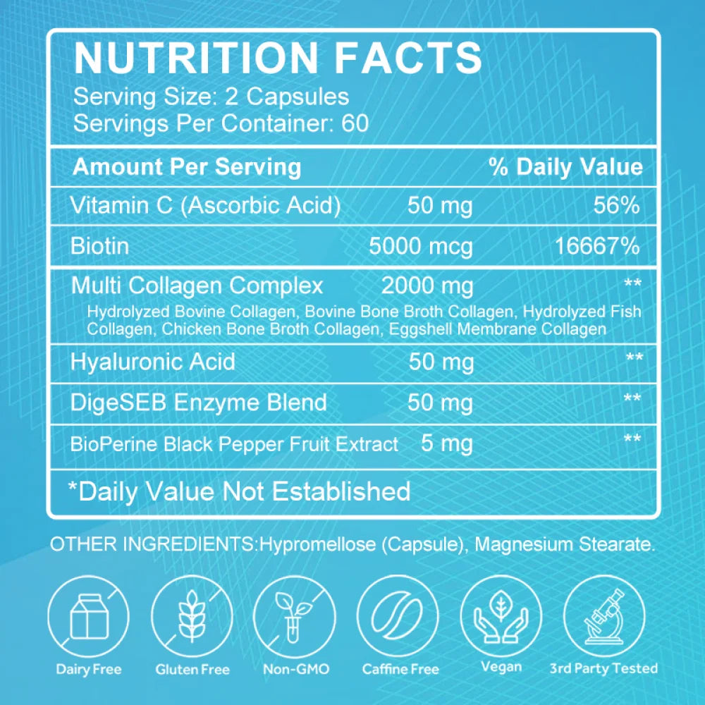 Collagen Peptides Capsules - Hydrolyzed Collagen Supplements for Women or Men - 60 Capsules for Hair, Skin, Nail & Joint Health